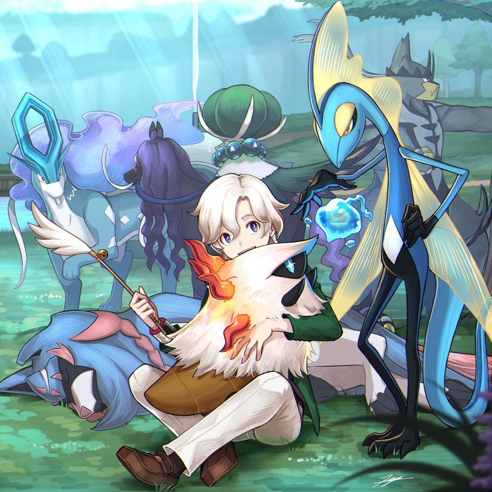 1boy, alternate_eye_color, alternate_hair_color, bangs, black_skin, blue_eyes, blue_hair, blue_skin, brown_footwear, bubble, calyrex, calyrex_(shadow_rider), cat_teaser, closed_eyes, colored_skin, commentary_request, day, dynamax_band, glastrier, green_jacket, hair_between_eyes, hand_on_hip, holding, indian_style, inteleon, jacket, larvesta, light_rays, long_hair, long_sleeves, looking_at_another, looking_at_viewer, looking_down, lying, male_focus, multicolored_skin, nature, on_grass, on_ground, on_side, outdoors, pants, parted_bangs, pokemon, pokemon_(creature), pokemon_(game), pokemon_swsh, purple_hair, red_eyes, reins, riding, riding_pokemon, shoes, short_hair, signature, sitting, sleeping, smile, standing, suicune, sunlight, tenyo0819, tree, two-tone_skin, urshifu, urshifu_(single), victor_(pokemon), water, white_hair, white_pants, yellow_eyes, zacian, zacian_(hero)