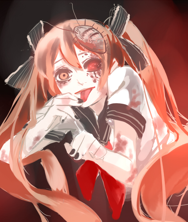 1girl, artist_request, bow, ca_(maeda_koutarou), calne_ca, crustacean, hair_bow, hair_ribbon, isopod, jewelry, long_hair, looking_at_viewer, nail_polish, necklace, non-web_source, red_eyes, redhead, ribbon, saikin_osen_-_bacterial_contamination_-_(vocaloid), school_uniform, serafuku, simple_background, skirt, skull_necklace, solo, twintails, very_long_hair