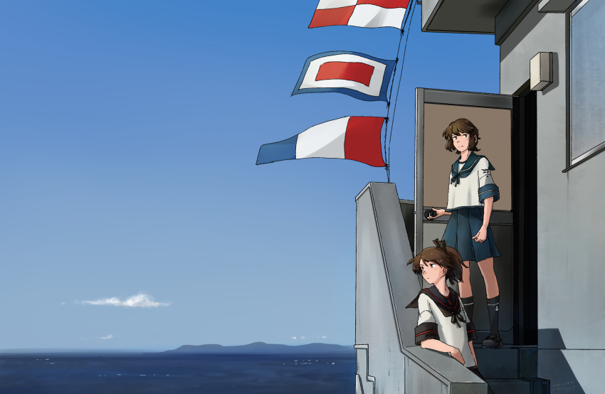 2girls, anchor_symbol, black_sailor_collar, black_skirt, black_socks, blue_sailor_collar, blue_skirt, brown_hair, commentary_request, dated, grey_footwear, highres, kantai_collection, kuragare, medium_hair, miyuki_(kancolle), mountainous_horizon, multiple_girls, naval_flag, ocean, opening_door, pleated_skirt, sailor_collar, school_uniform, serafuku, shikinami_(kancolle), shikinami_kai_ni_(kancolle), short_sleeves, sidelocks, signature, skirt, sky, socks