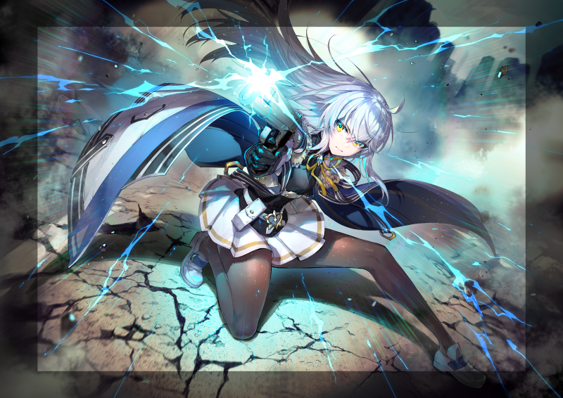 1girl, bangs, belt, belt_buckle, black_gloves, black_shirt, brooch, buckle, commentary_request, counter:side, electricity, electrokinesis, firing, full_body, fur_trim, gaeun_(counter:side), gloves, grey_hair, gun, handgun, holding, holding_gun, holding_weapon, jacket, jewelry, long_hair, looking_at_viewer, loose_belt, neck_ribbon, official_art, one_knee, open_clothes, open_jacket, outdoors, pantyhose, pouch, redrop, ribbon, second-party_source, shirt, skirt, sleeveless, sleeveless_shirt, solo, utility_belt, weapon, white_belt, white_footwear, white_jacket, white_skirt, yellow_eyes, yellow_ribbon