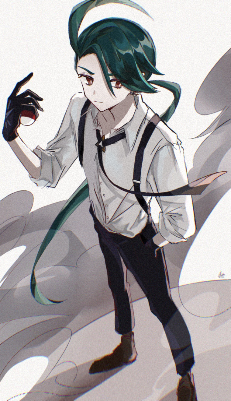 1girl, ahoge, bangs, black_gloves, bright_pupils, brown_eyes, buttons, closed_mouth, collared_shirt, commentary_request, gloves, green_hair, highres, holding, holding_poke_ball, long_hair, necktie, not_nckoi, pants, poke_ball, poke_ball_(basic), pokemon, pokemon_(game), pokemon_sv, ponytail, rika_(pokemon), shirt, shoes, smoke, solo, standing, suspenders, very_long_hair, white_pupils