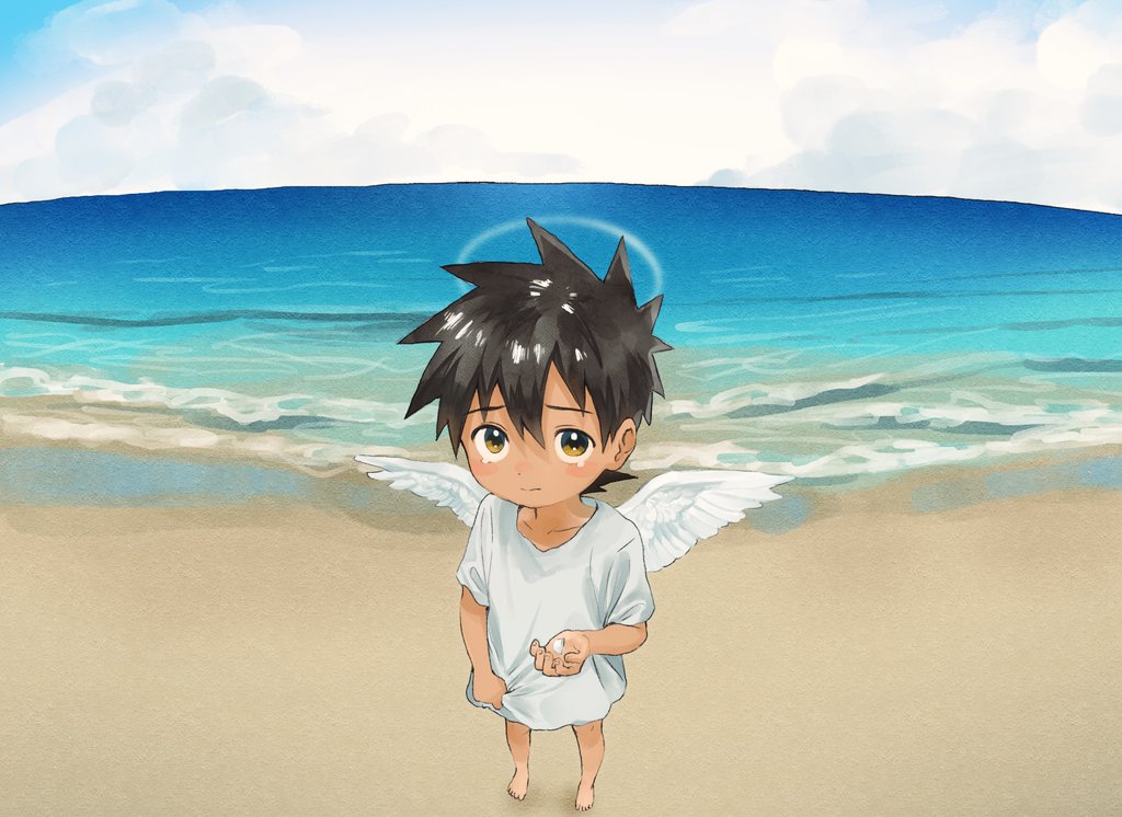 18arumik_4, angel, angel_wings, bangs, barefoot, beach, black_hair, blush