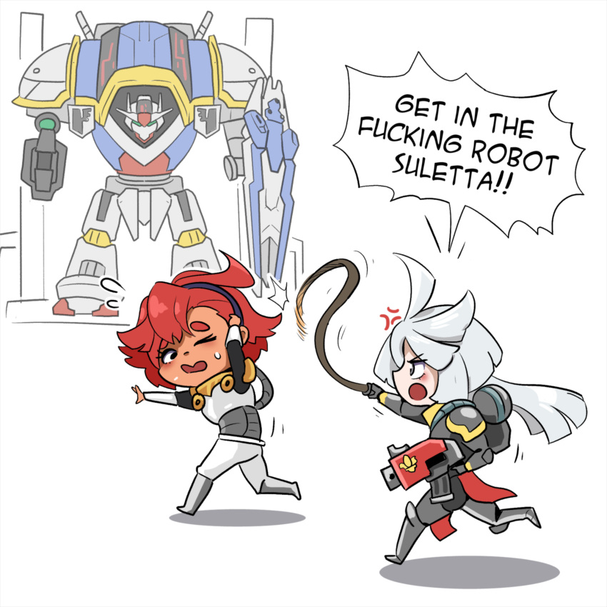 2girls, adepta_sororitas, anger_vein, bangs, black_hairband, bolter, chibi, english_commentary, english_text, full_body, gun, gundam, gundam_suisei_no_majo, hairband, highres, holding, holding_gun, holding_weapon, holding_whip, imperial_knight, long_hair, looking_at_another, looking_back, mick19988, miorine_rembran, multiple_girls, parody, redhead, shadow, speech_bubble, suletta_mercury, sweatdrop, titan_(warhammer_40k), warhammer_40k, weapon, whip