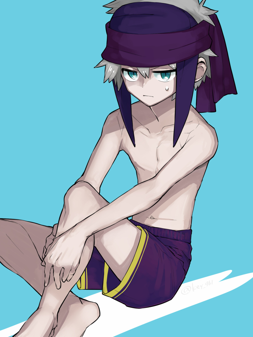 1boy, aqua_eyes, artist_name, closed_mouth, collarbone, crossed_ankles, furrowed_brow, grey_hair