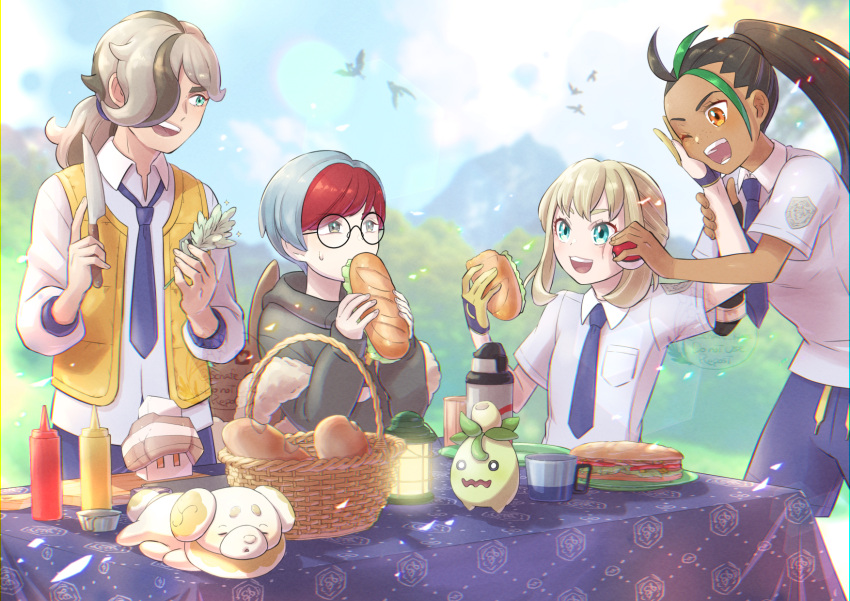 1boy, 3girls, ;d, arven_(pokemon), bangs, basket, blonde_hair, bombirdier