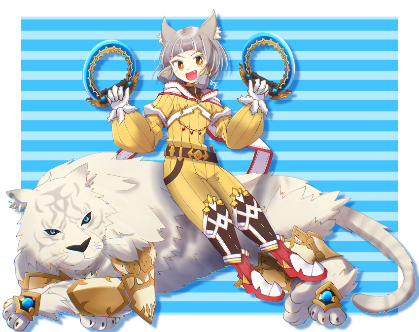 1girl, :d, animal_ears, armored_boots, bangs, blue_background, blunt_bangs, boots