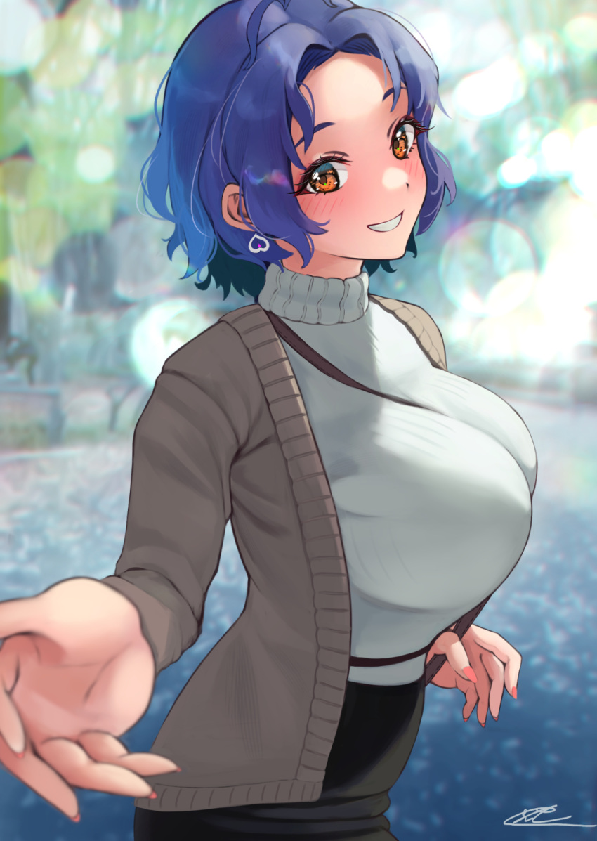1girl, between_breasts, blue_hair, blurry, blurry_background, blush, bokeh, breasts