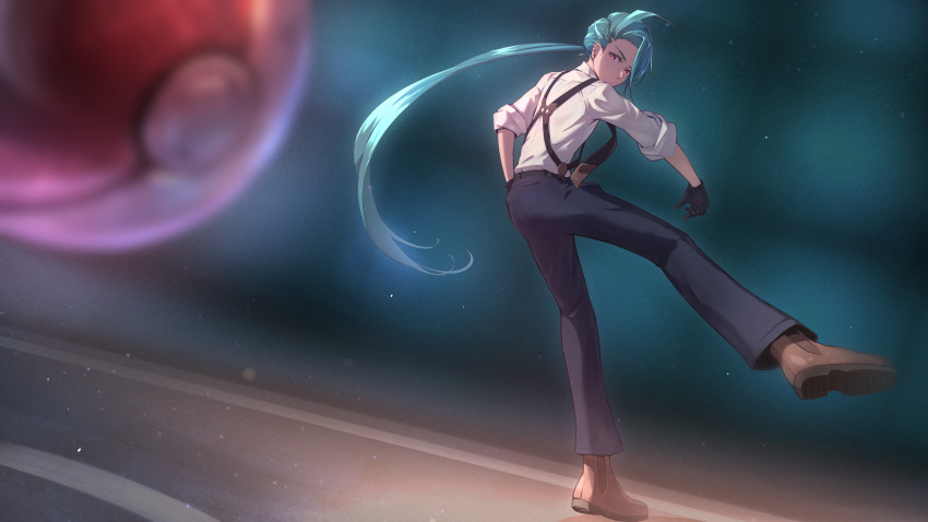 1girl, ahoge, arms_ai, bangs, black_gloves, black_necktie, black_pants, blurry