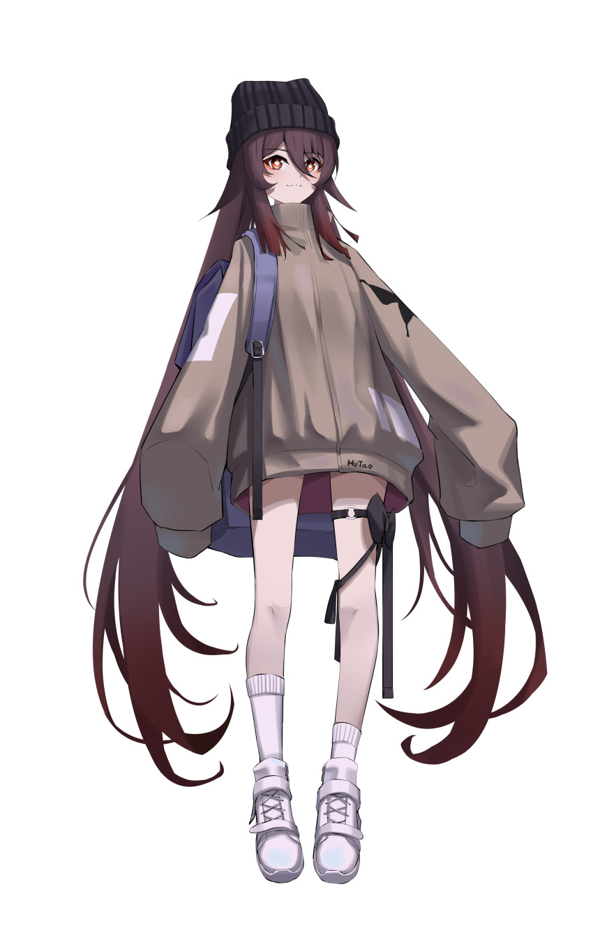 1girl, absurdres, alternate_costume, asymmetrical_legwear, backpack, bag, bangs, brown_hair