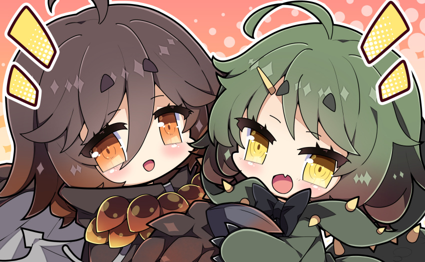 2girls, :d, ahoge, bangs, bazelgeuse, black_cloak, blush, brown_eyes