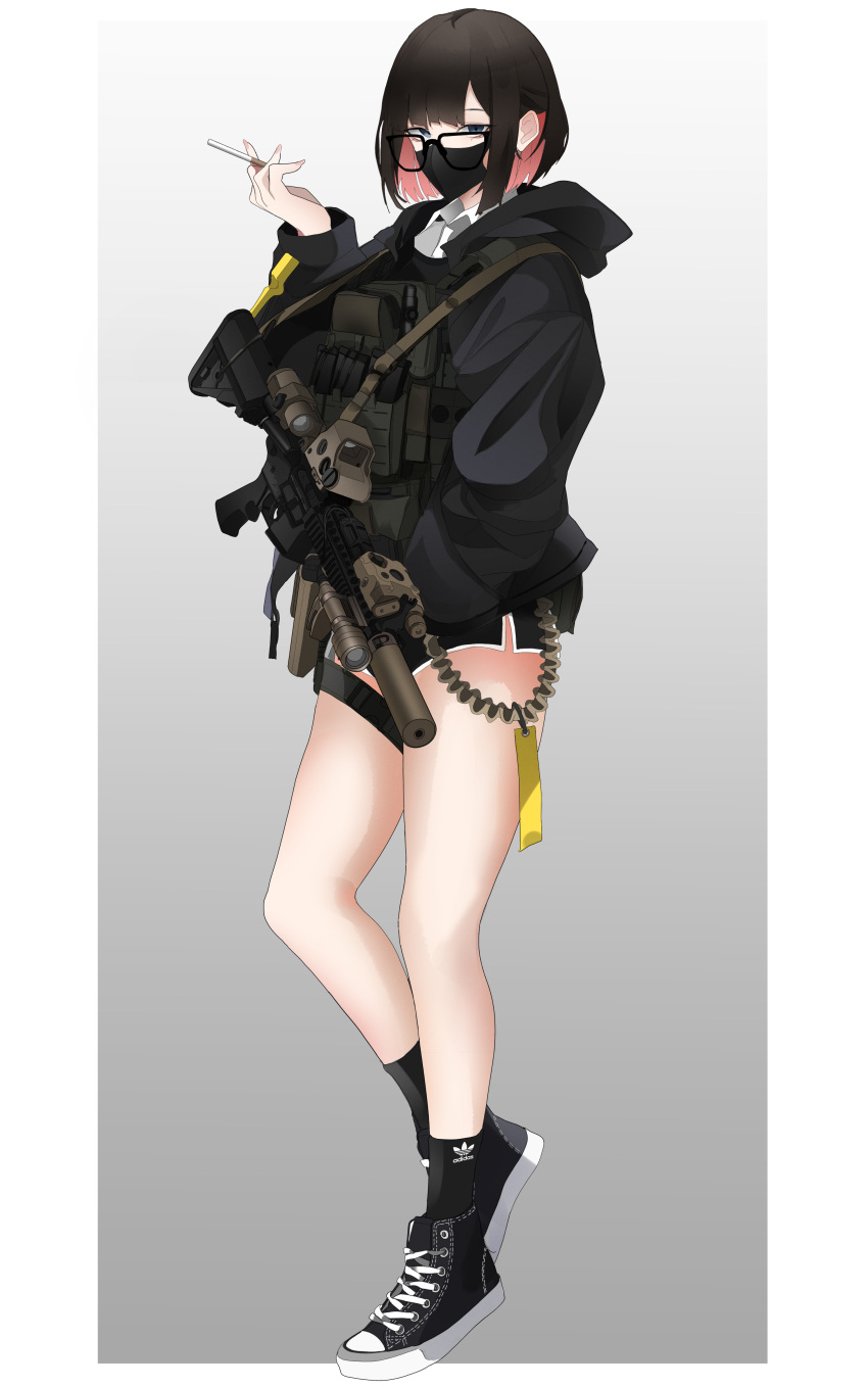 1girl, absurdres, adidas, assault_rifle, bangs, blue_eyes, body_armor, brown_hair