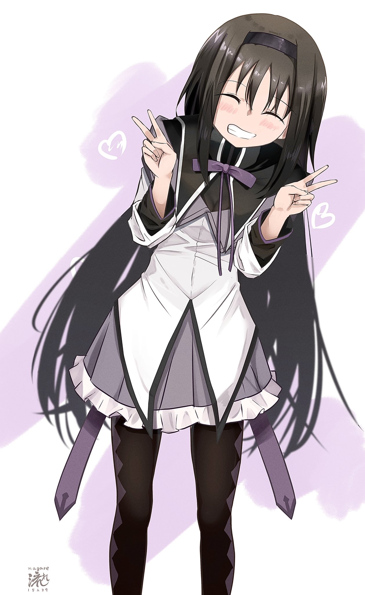 1girl, akemi_homura, argyle, argyle_legwear, black_hair, blush, bow, closed_eyes