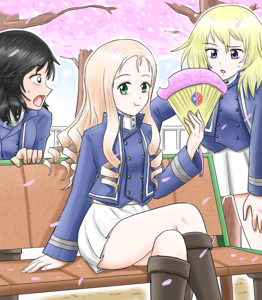 :t, andou_(girls_und_panzer), bangs, bc_freedom_(emblem), bc_freedom_military_uniform, bench, bite_mark, black_eyes