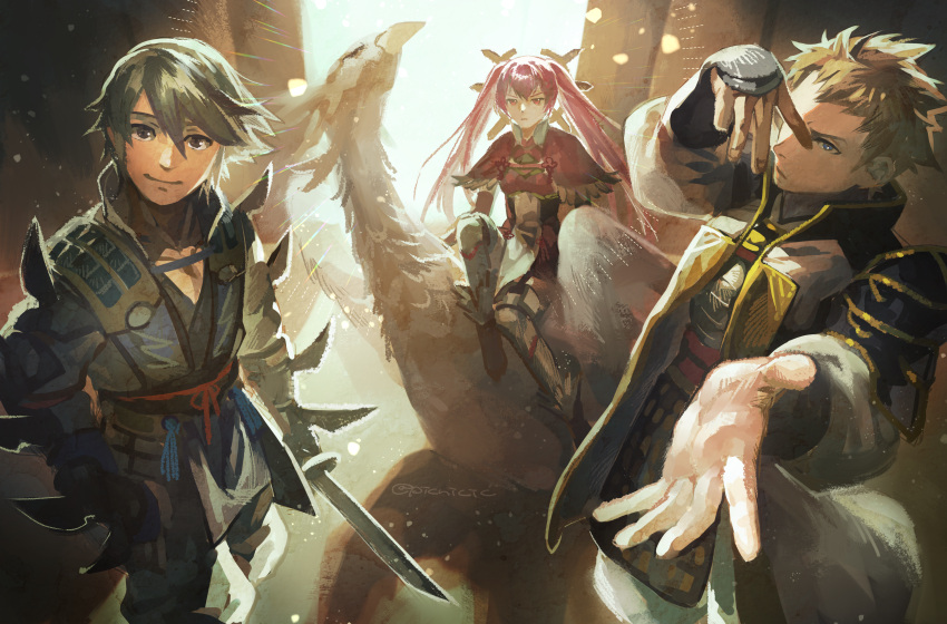 1girl, 2boys, absurdres, arm_blade, armor, bangs, beak, bird