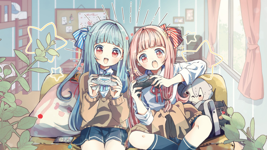 2girls, bag, bangs, bed, blue_hair, blue_ribbon, bunk_bed, cellphone, commission, computer, controller, couch, curtains, game_controller, hair_ribbon, highres, holding, holding_controller, holding_game_controller, indoors, kotonoha_akane, kotonoha_aoi, long_hair, long_sleeves, multiple_girls, open_mouth, oyasumi_makura, phone, pink_hair, plant, playing_games, red_eyes, red_ribbon, ribbon, school_bag, school_uniform, seyanaa, shirt, siblings, sisters, sitting, skeb_commission, skirt, smartphone, socks, star_(symbol), stuffed_toy, sweater, voiceroid, white_shirt, window