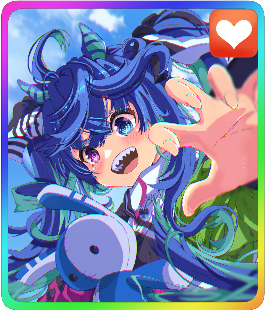1girl, :d, ahoge, animal_ears, aqua_hair, bangs, black_ribbon, blue_eyes