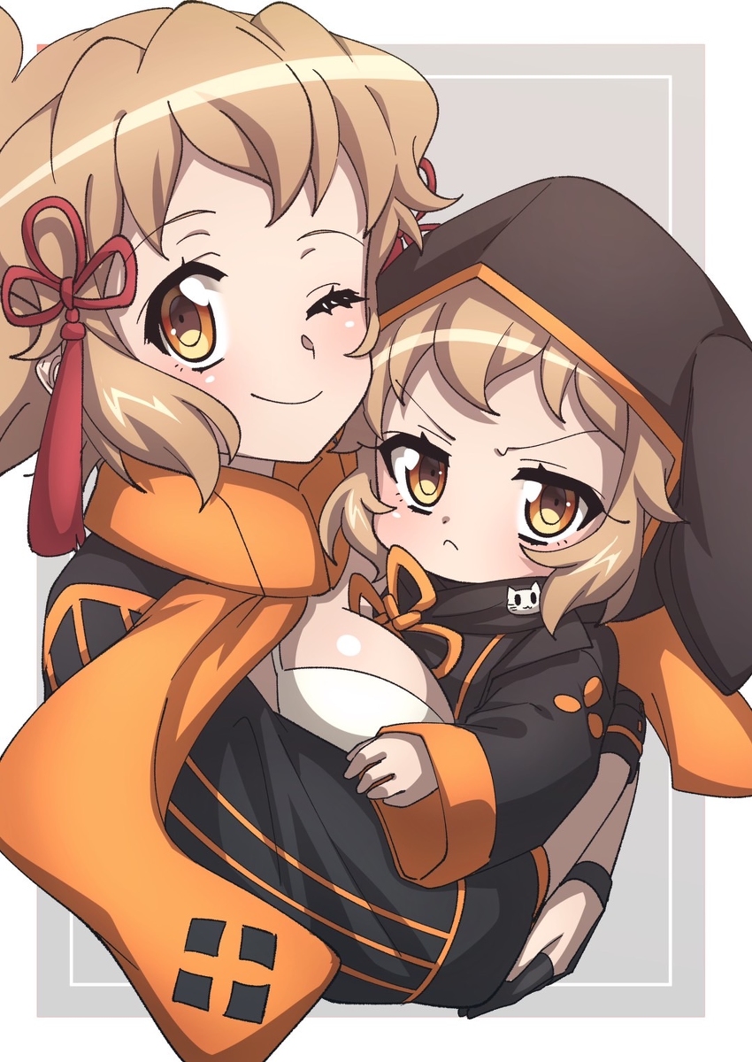 2girls, brown_eyes, brown_hair, cosplay, dual_persona, fate/grand_order, fate_(series), highres, multiple_girls, okita_souji_(fate), okita_souji_alter_(swimsuit_saber)_(fate), okita_souji_alter_(swimsuit_saber)_(fate)_(cosplay), rengoku_(fate), rengoku_(fate)_(cosplay), rengoku_(first_ascension)_(fate), rengoku_(first_ascension)_(fate)_(cosplay), senki_zesshou_symphogear, senki_zesshou_symphogear_xd_unlimited, tachibana_hibiki_(symphogear), tachibana_hibiki_(symphogear)_(another), voice_actor_connection, yukitsuba_hina, yuuki_aoi