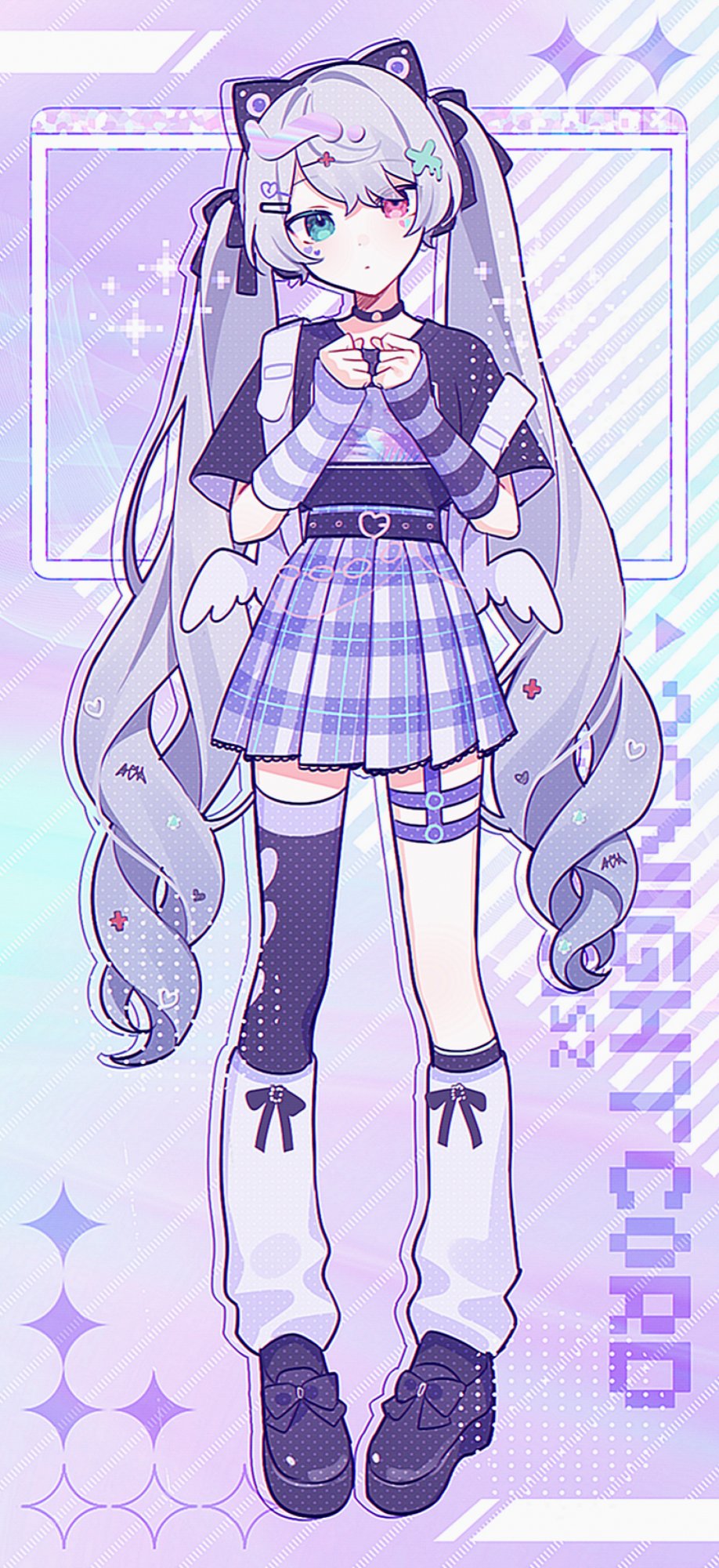 1girl, 25-ji_miku, 25-ji_night_code_de._(project_sekai), animal_ears, arm_warmers, asymmetrical_legwear, backpack, bag