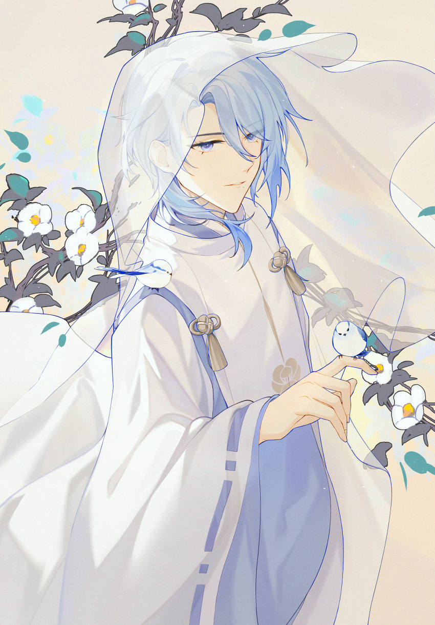 1boy, absurdres, bangs, bird, bird_on_hand, blue_eyes, blue_hair, genshin_impact