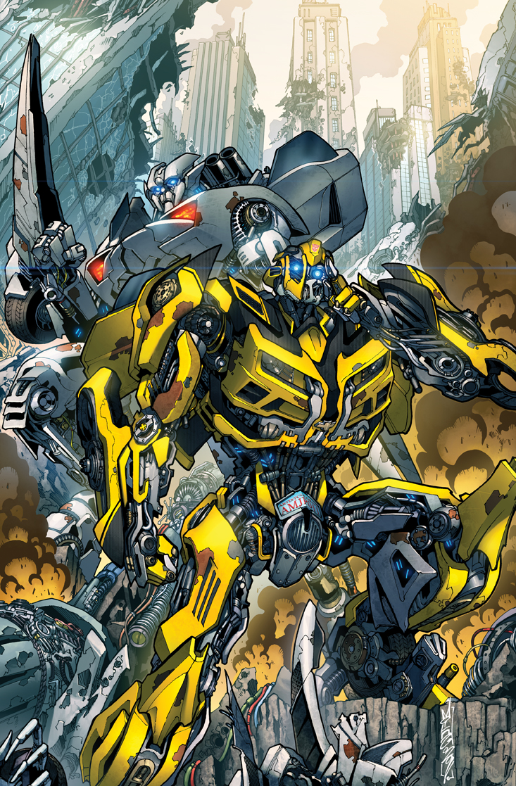 alex_milne, arm_blade, autobot, blue_eyes, bumblebee_(transformers), city, clenched_hand, collaboration