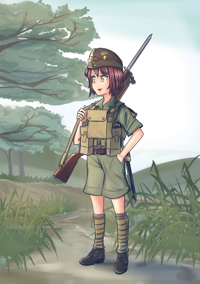 1girl, absurdres, bayonet, black_footwear, boots, brown_hair, canadian_army, garrison_cap, green_shirt, green_shorts, gun, hat, highres, lee-enfield, load_bearing_equipment, military, military_uniform, original, puttee, rifle, shirt, shorts, standing, uniform, warriordesu, weapon, world_war_ii