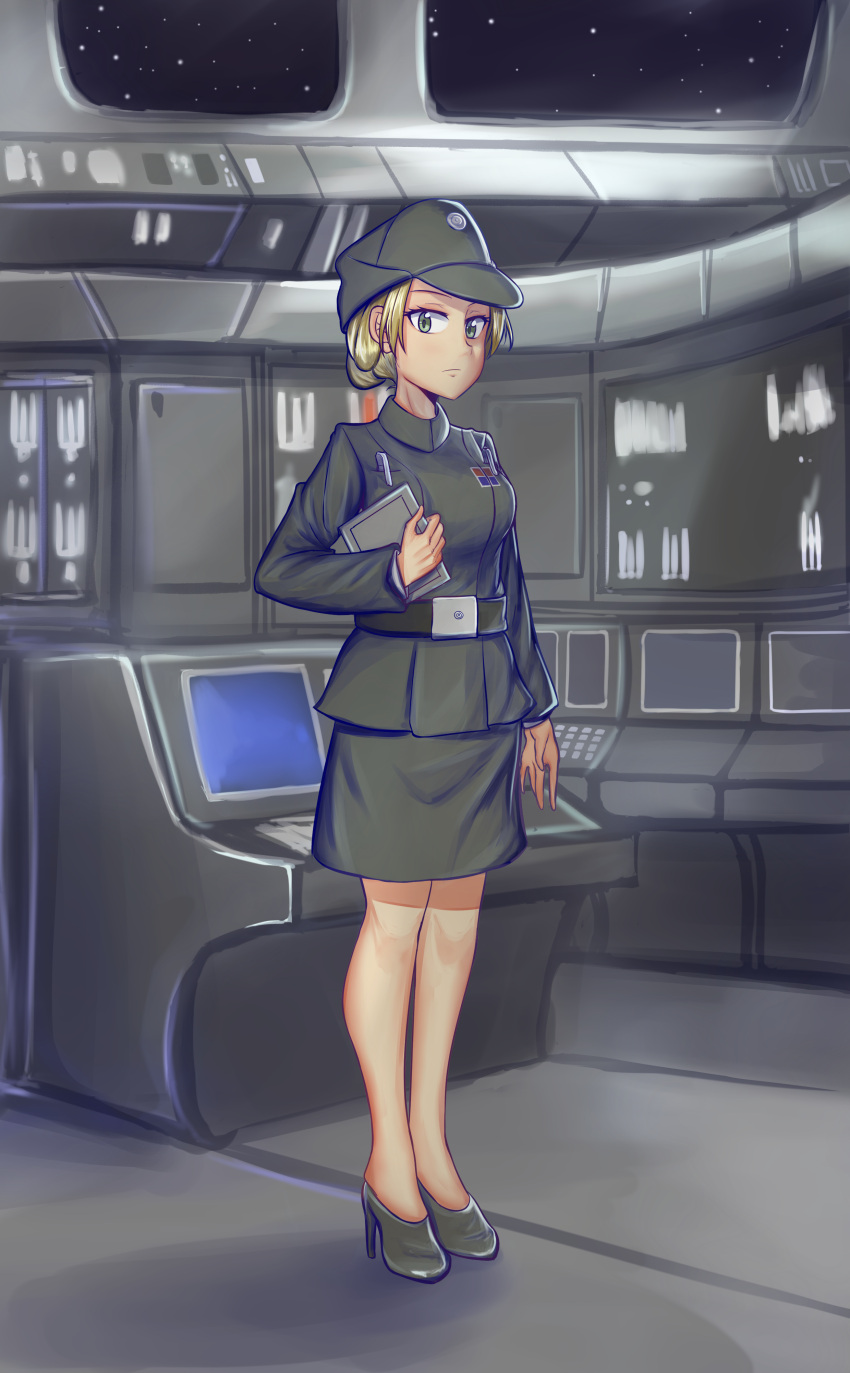1girl, absurdres, blonde_hair, clipboard, galactic_empire, grey_jacket, grey_skirt, hat