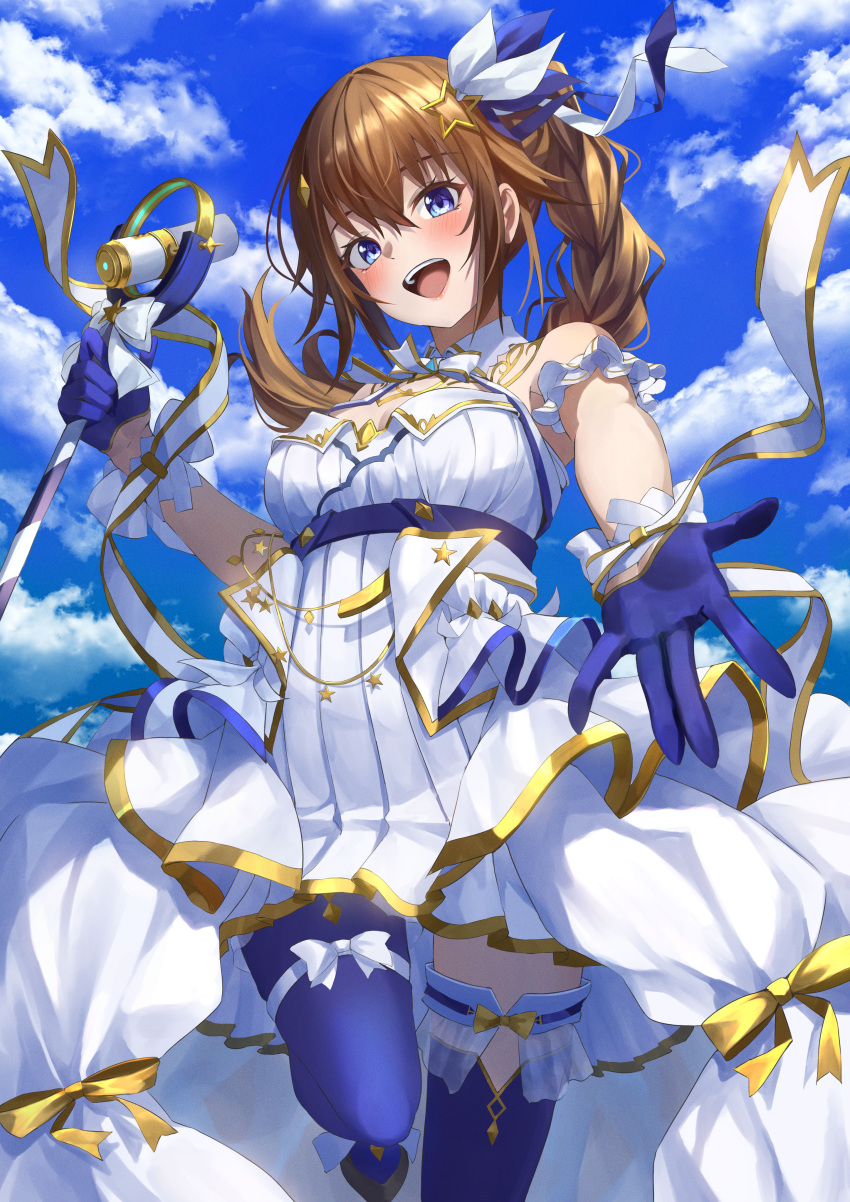 1girl, absurdres, bare_shoulders, blue_eyes, blush, breasts, brown_hair, chakuma_(yiyh1468)