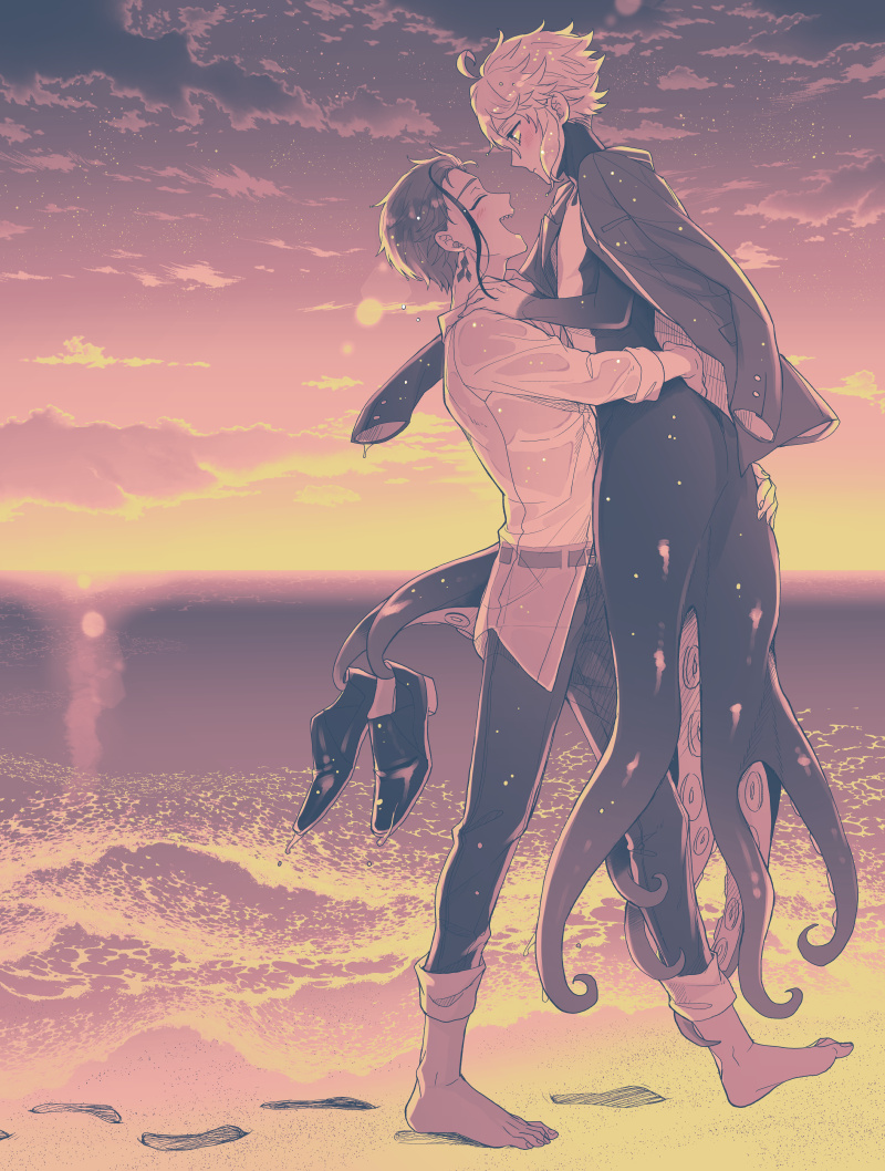 2boys, ahoge, barefoot, beach, belt, blush, brown_theme, carrying