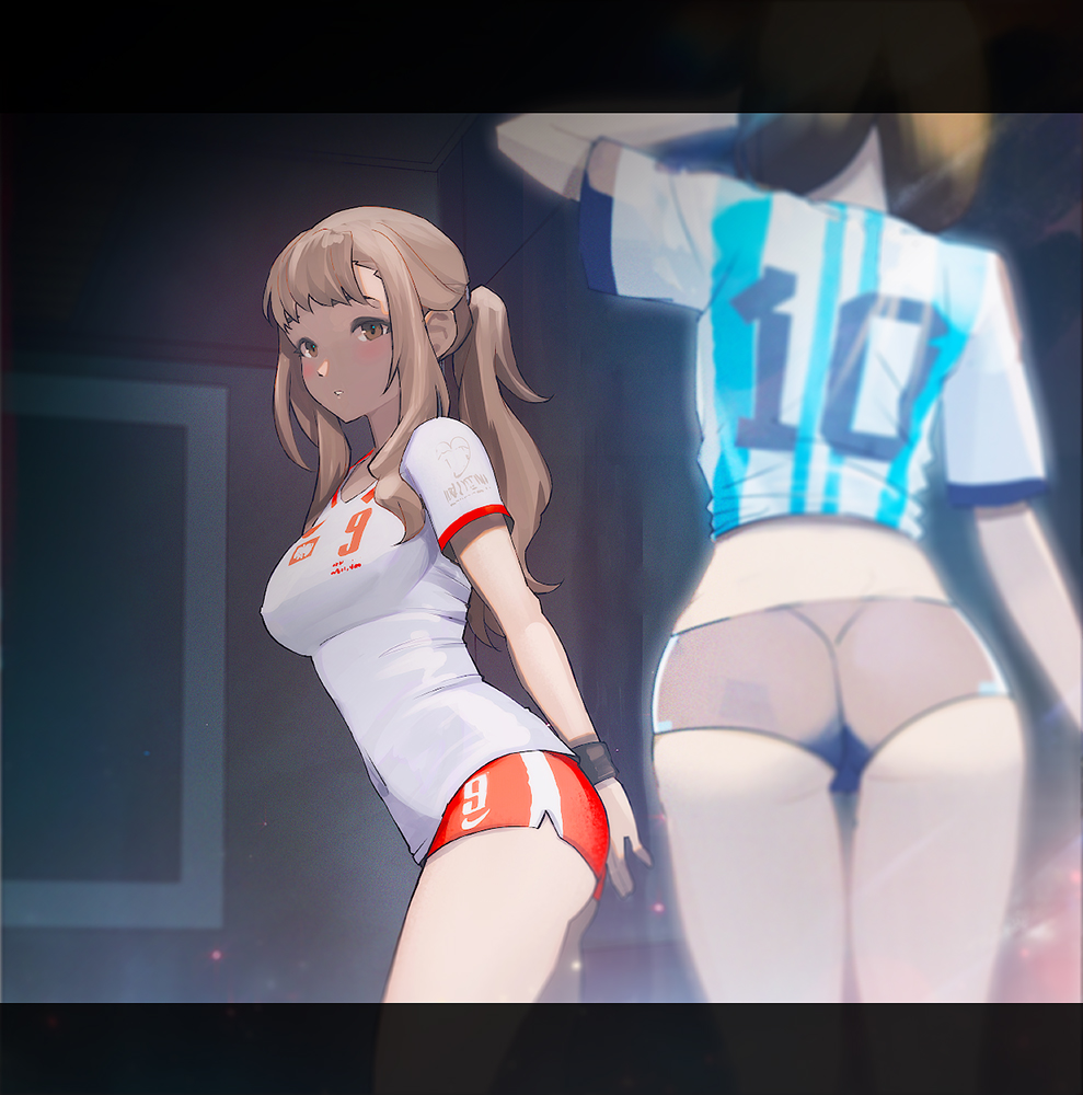 1girl, 2022_fifa_world_cup, argentina, ass, bangs, blonde_hair, blurry, blurry_background