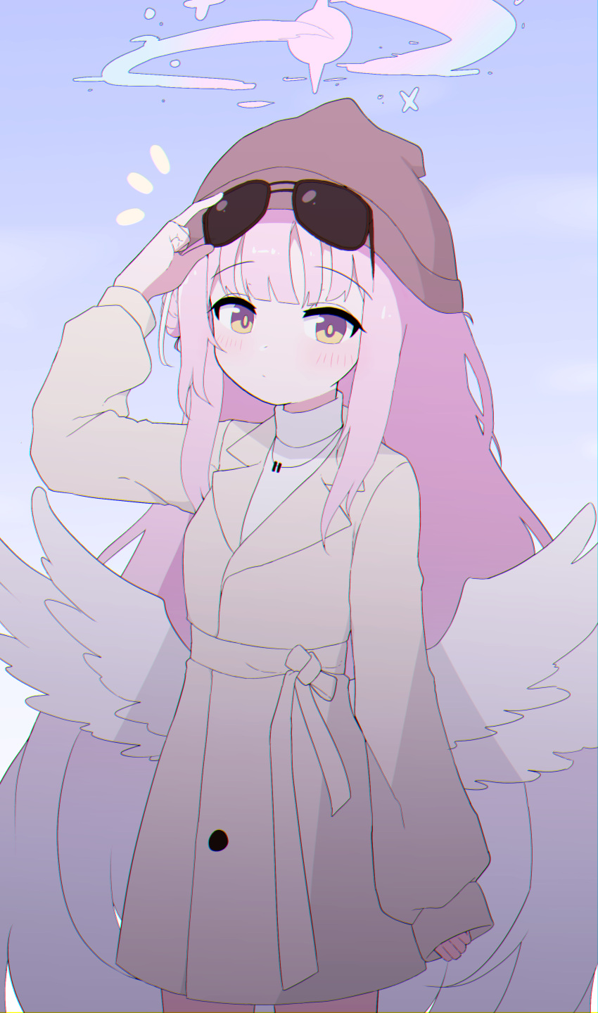 1girl, absurdres, alternate_costume, angel_wings, bangs, blue_archive, blunt_bangs, brown_headwear