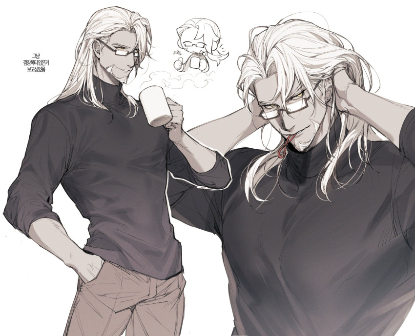 1boy, alternate_costume, baebabaego, bangs, beard, black-framed_eyewear, black_sweater, brown_pants