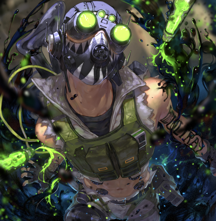 1boy, abs, absurdres, apex_legends, arm_strap, arm_tattoo, black_headwear, black_shirt