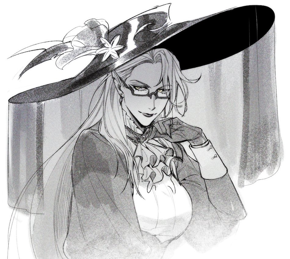 1girl, alternate_costume, ascot, baebabaego, bangs, black-framed_eyewear, black_headwear, black_lips