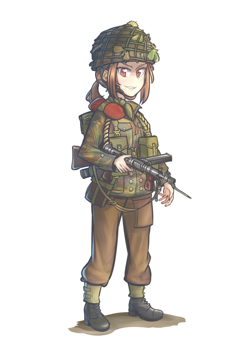 1girl, absurdres, bayonet, beret, black_footwear, boots, british, british_army