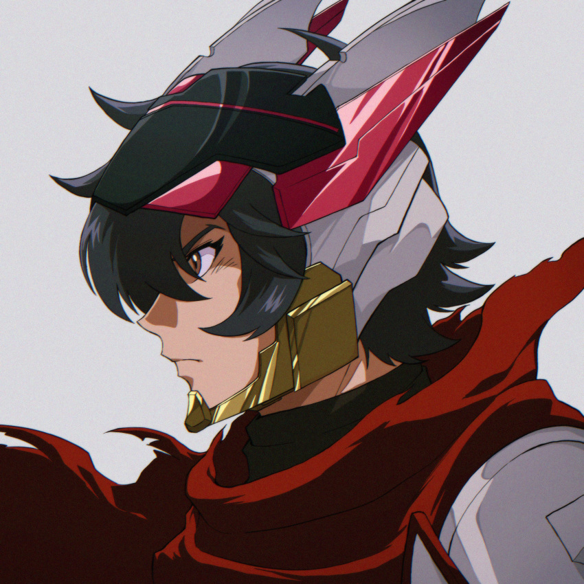 1boy, bangs, black_hair, brown_eyes, closed_mouth, frown, granblue_fantasy, grey_background, helmet, highres, kuruto., looking_afar, male_focus, nicholas_(granblue_fantasy), portrait, profile, scarf, short_hair, simple_background, solo