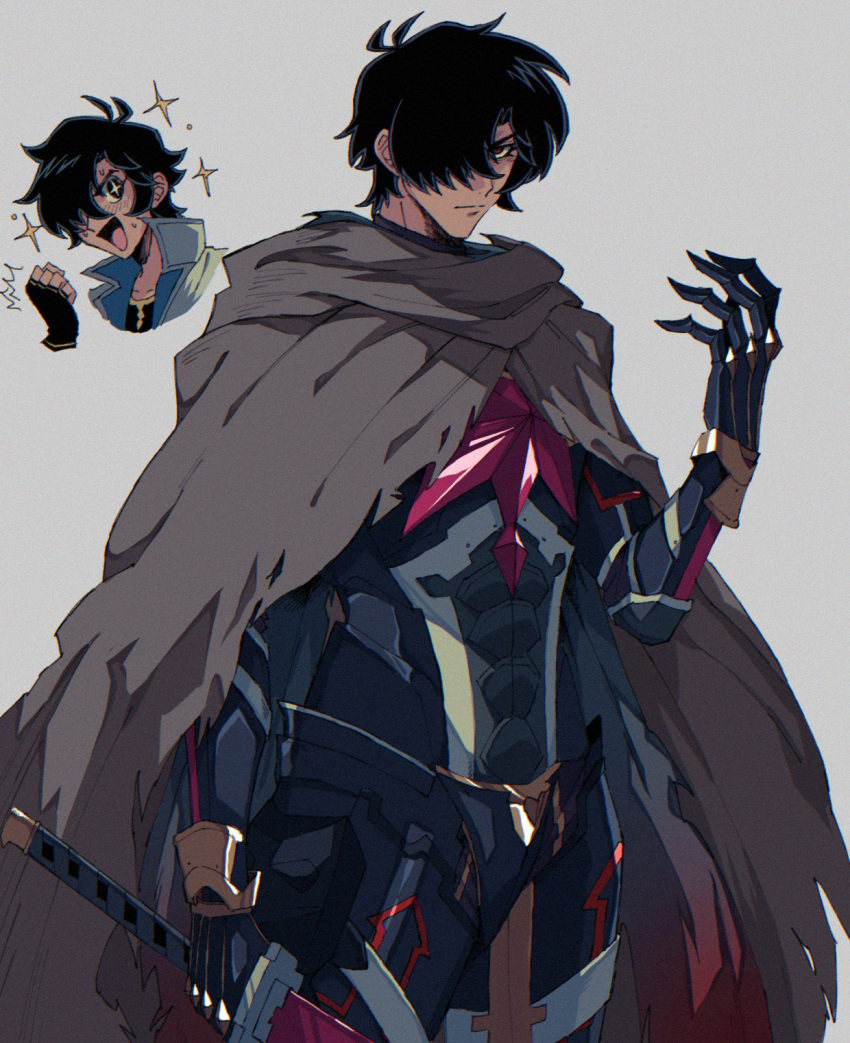 +_+, 1boy, armor, black_hair, breastplate, brown_cloak, clenched_hand, cloak