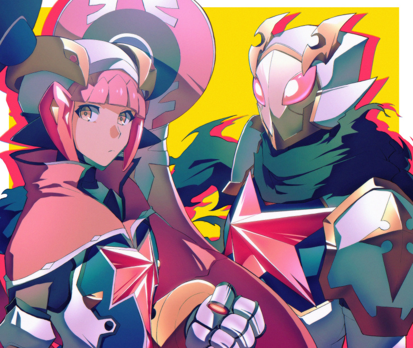 1boy, 1girl, absurdres, android, armor, breastplate, clenched_hand, drop_shadow