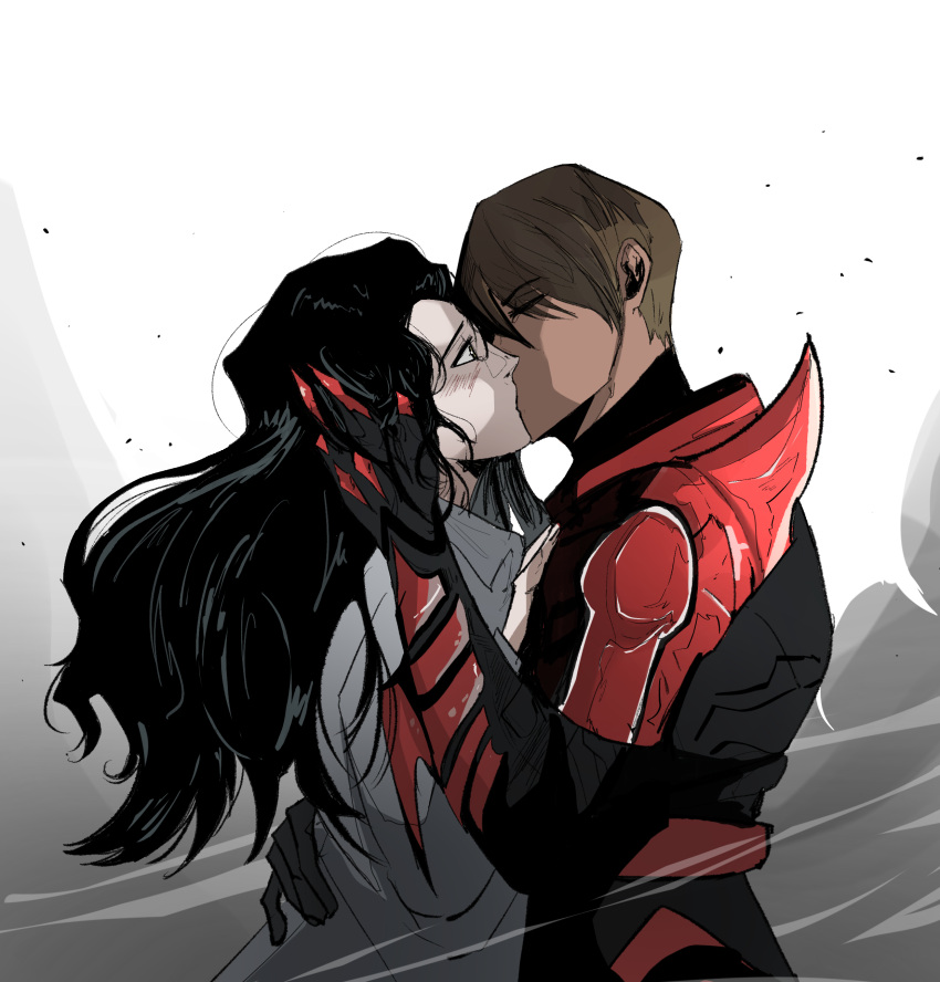 15mikaeruda, 2girls, absurdres, armor, black_hair, blush, bodysuit, brown_hair