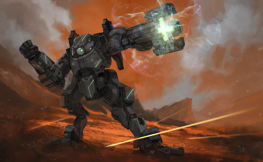 absurdres, aiming, arm_cannon, armor, battle, bfg_10000_(doom_eternal), bfg_9000, bfg_division