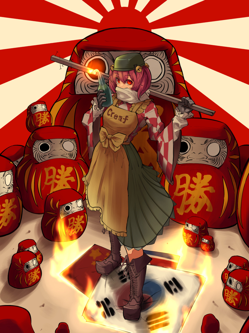 1girl, absurdres, apron, bangs, baseball_bat, bell, black_gloves, boots