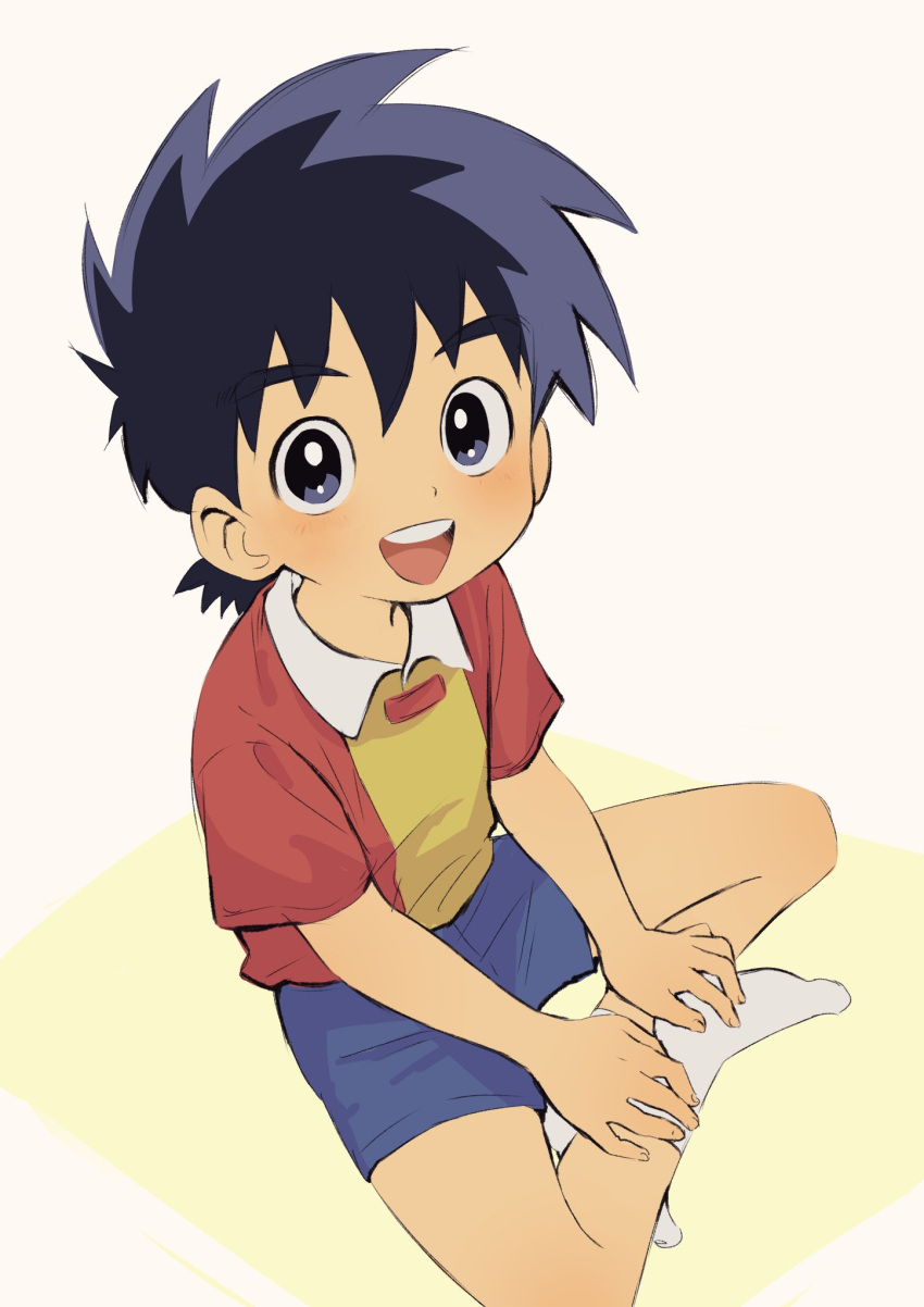 18arumik_4, 1boy, :d, black_eyes, black_hair, blue_shorts, blush, bright_pupils