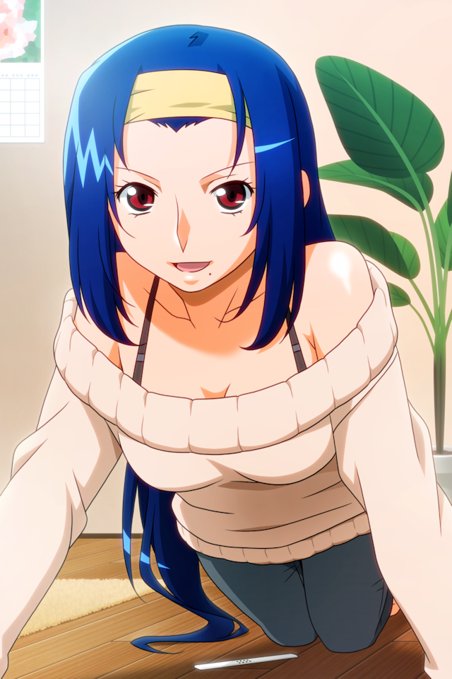 1girl, all_fours, asahina_natsuki, blue_hair, collarbone, hairband, indoors, long_hair