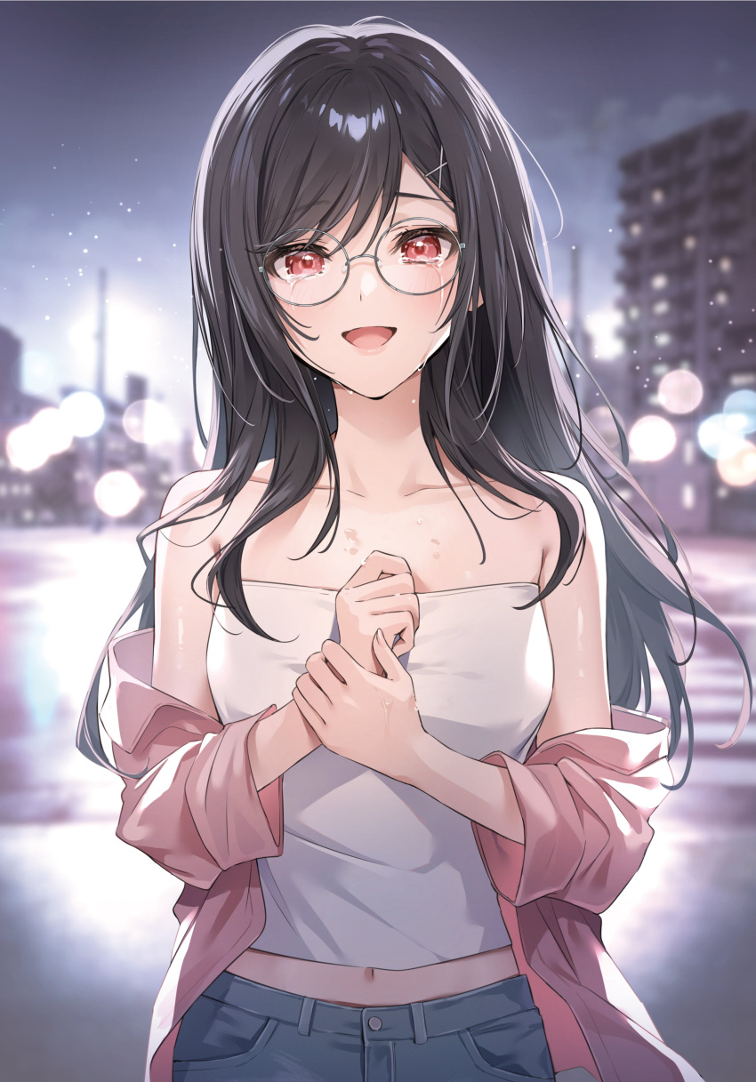 1girl, :d, absurdres, bangs, bare_shoulders, black_hair, blurry, blurry_background, bokeh, building, crop_top, crying, crying_with_eyes_open, denim, depth_of_field, glasses, hair_ornament, hands_up, highres, holding_own_wrist, jacket, jeans, long_hair, long_sleeves, midriff, navel, off_shoulder, open_clothes, open_jacket, open_mouth, original, outdoors, pants, pink_jacket, red_eyes, round_eyewear, shirt, sidelocks, sleeveless, sleeveless_shirt, smile, solo, strapless, strapless_shirt, swept_bangs, tears, third-party_source, white_shirt, x_hair_ornament, zattape