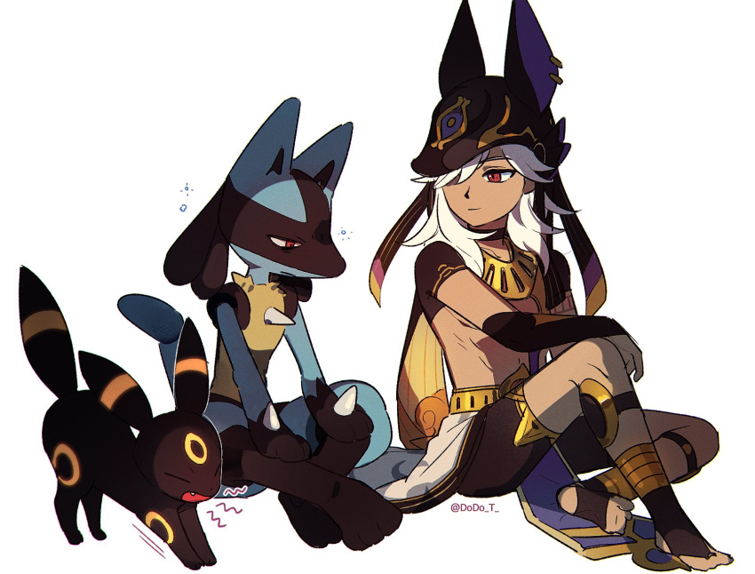 1boy, animal_hat, bangs, black_choker, black_headwear, choker, closed_eyes, crossover, cyno_(genshin_impact), dodo_t, egyptian_clothes, fang, full_body, genshin_impact, hair_between_eyes, hair_over_one_eye, hat, highres, long_hair, lucario, male_focus, open_mouth, pokemon, pokemon_(creature), simple_background, sitting, sleepy, stretching, twitter_username, umbreon, white_background, white_hair