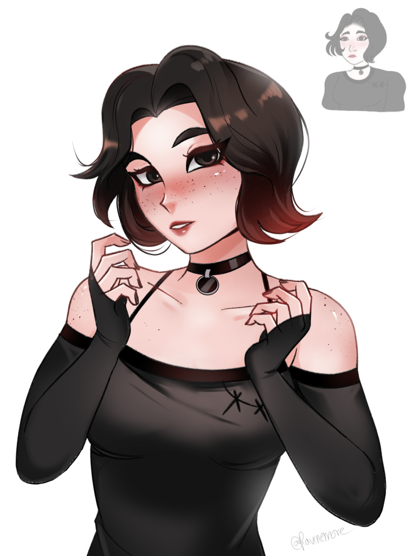1girl, bangs, black_choker, black_eyes, black_hair, black_shirt, black_sleeves, breasts, choker, detached_sleeves, doomer_girl, freckles, gradient_hair, highres, long_sleeves, medium_breasts, meme, multicolored_hair, original, parted_bangs, raven_nemore, red_lips, redhead, reference_inset, shirt, short_hair, upper_body