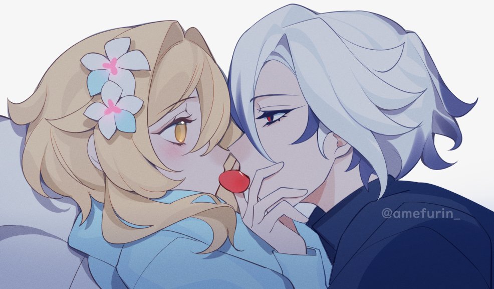 2girls, amefurin, arlecchino_(genshin_impact), black_sweater, blonde_hair, blue_sweater, blush, eye_contact, face-to-face, flower, genshin_impact, grey_hair, hair_flower, hair_ornament, half-closed_eyes, hand_on_another's_face, hand_up, looking_at_another, lumine_(genshin_impact), multicolored_hair, multiple_girls, red_eyes, short_hair, streaked_hair, sweater, twitter_username, white_flower, white_hair, yellow_eyes, yuri