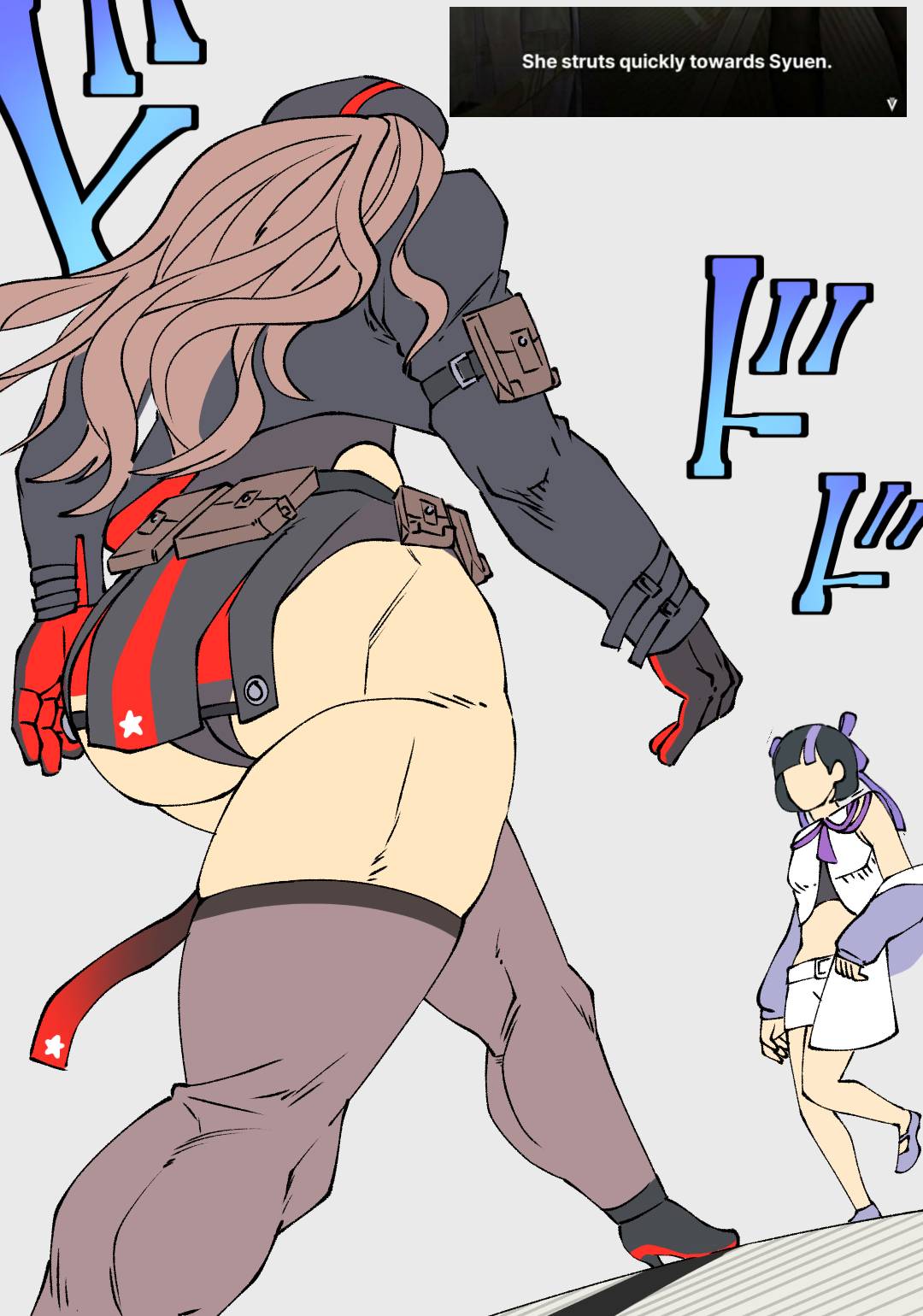 2girls, ass, belt, belt_pouch, beret, black_hair, black_jacket, black_leotard, black_thighhighs, bob_cut, brown_hair, faceless, faceless_female, from_below, gloves, goddess_of_victory:_nikke, hat, high_heels, highres, hip_vent, jacket, jacket_partially_removed, leotard, long_hair, meme, menacing_(jojo), midriff, multicolored_hair, multiple_girls, muscular, muscular_female, parody, pouch, purple_hair, rapi_(nikke), screencap_inset, short_hair, star_(symbol), streaked_hair, syuen_(nikke), thick_thighs, thigh-highs, thighs, yawako09