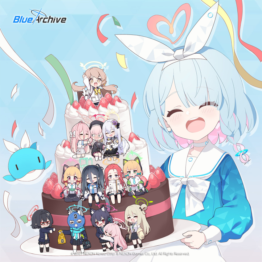 >_<, 6+girls, animal_ear_fluff, animal_ear_headphones, animal_ears, ansan_ey, aqua_hair, aris_(blue_archive)