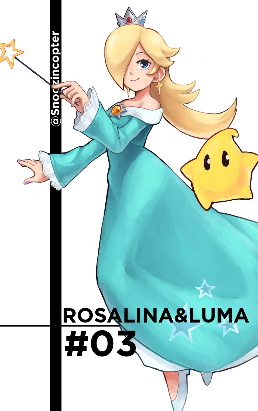 1girl, 1other, blonde_hair, blue_dress, blue_eyes, character_name, cross, cross_earrings