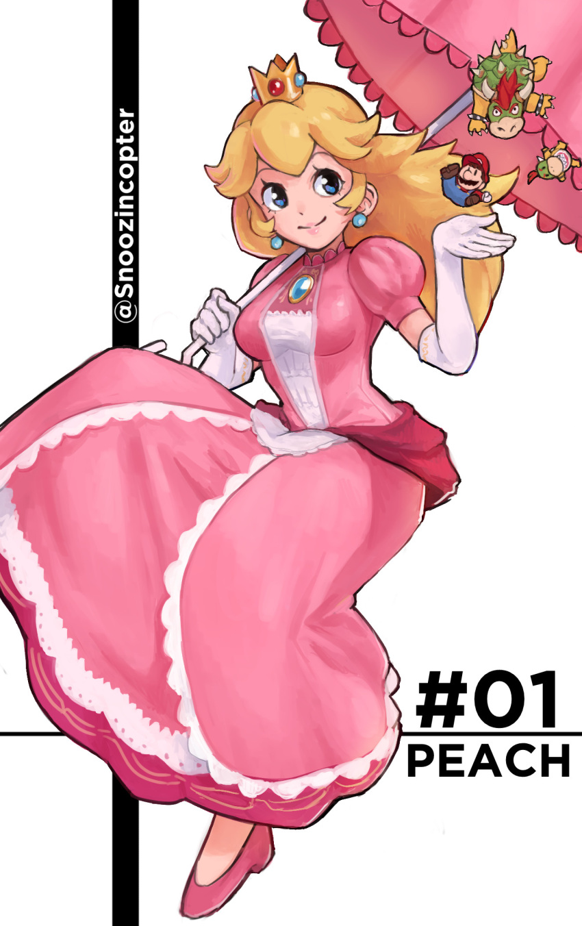 1girl, 3boys, blonde_hair, blue_eyes, bowser, bowser_jr., breasts, character_name